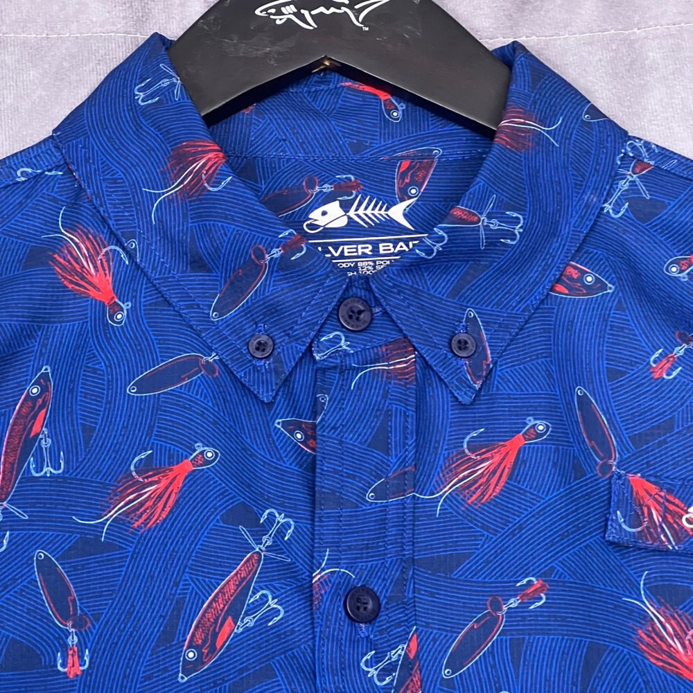 Silver Bait Fishing Shirt Mens Large Blue Lure Print UPF 50 Vented Performance